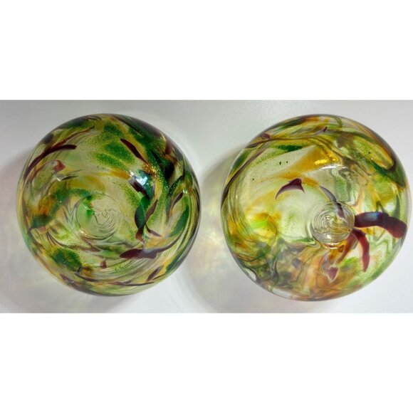 Handblown Art Glass Candle Holder Green Amber Swirl Unique Pair - Picture 4 of 6